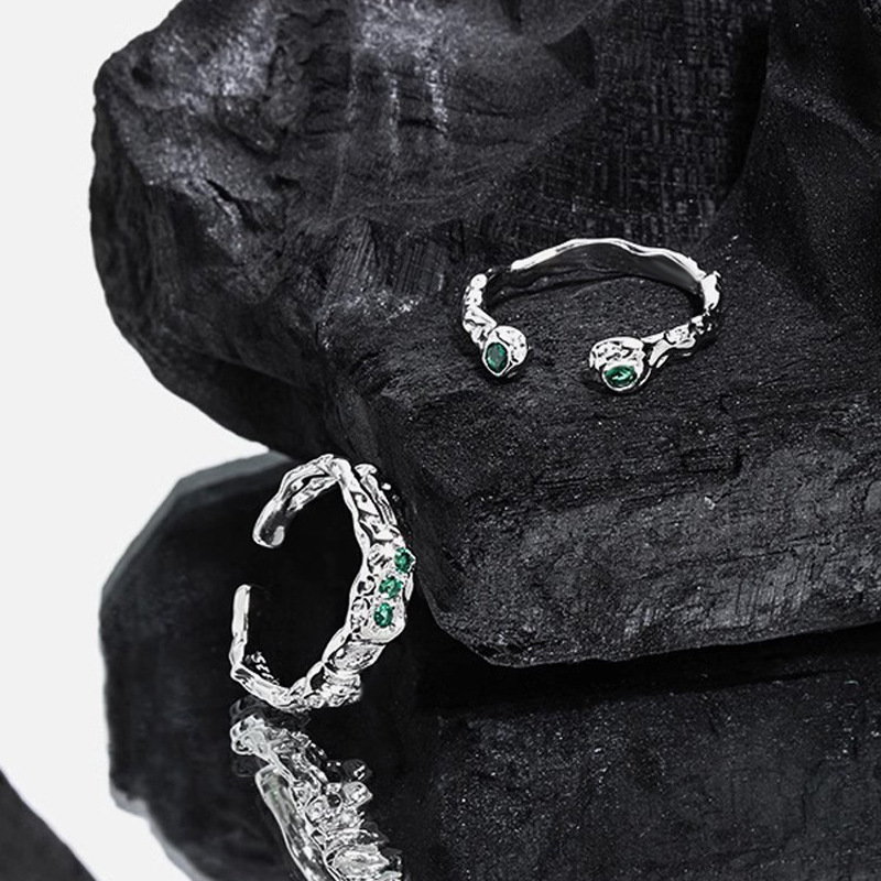 The irregular texture green zircon open ring exudes a high-end, individualistic and fashionable vibe for women. It's a cold and stylish food ring trend on Instagram details Picture