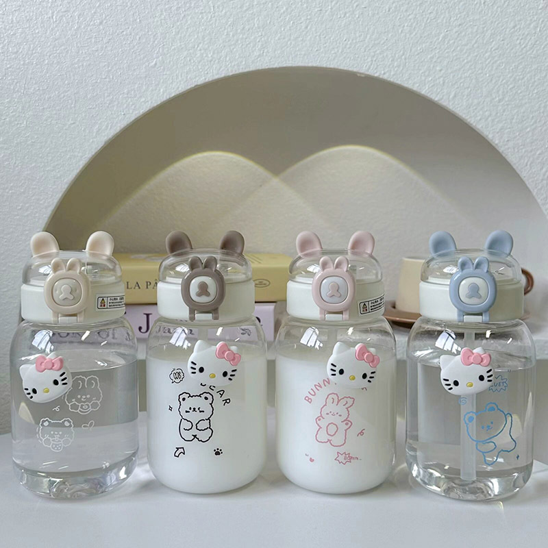 New sealed water cup for girls, large-capacity ins cute 3D sticker, portable straw cup for girls, bouncing cup Specification drawing