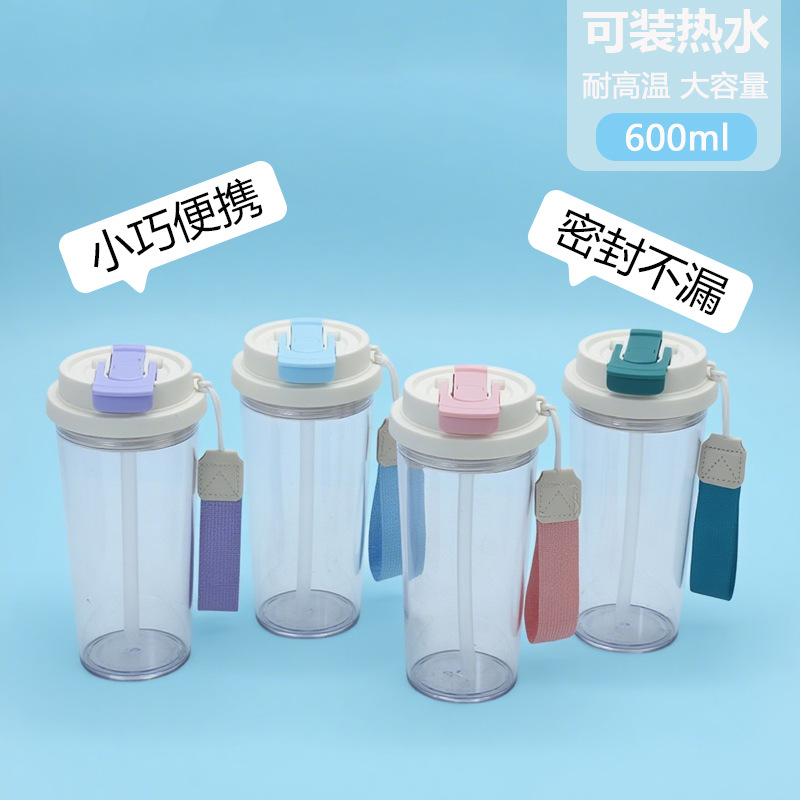Cross-border Amazon factory direct supply transparent plastic coffee cups, one double-drinking cup with a drawstring, student drinking cups details Picture