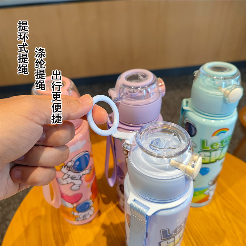 Bouncing lid cross-border new cartoon astronaut water cup, children's portable portable cup, straw water cup, plastic cup Specification drawing