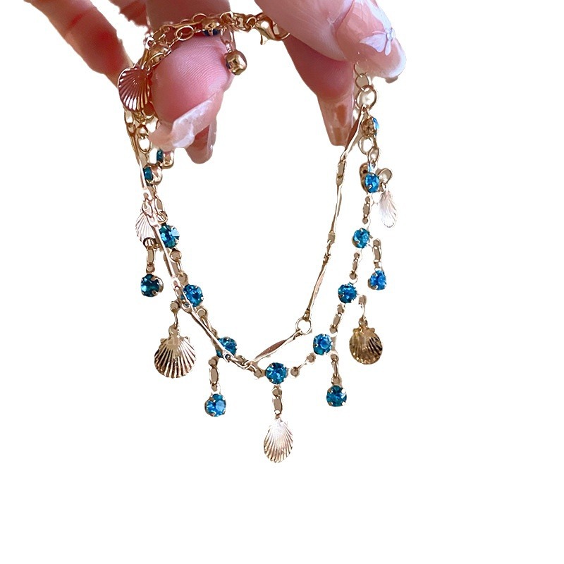 Blue Love ~ Super Shiny Double-Layer Shell bracelet, Summer high-end style, Layered collarbone chain, fashionable and versatile design Item Picture