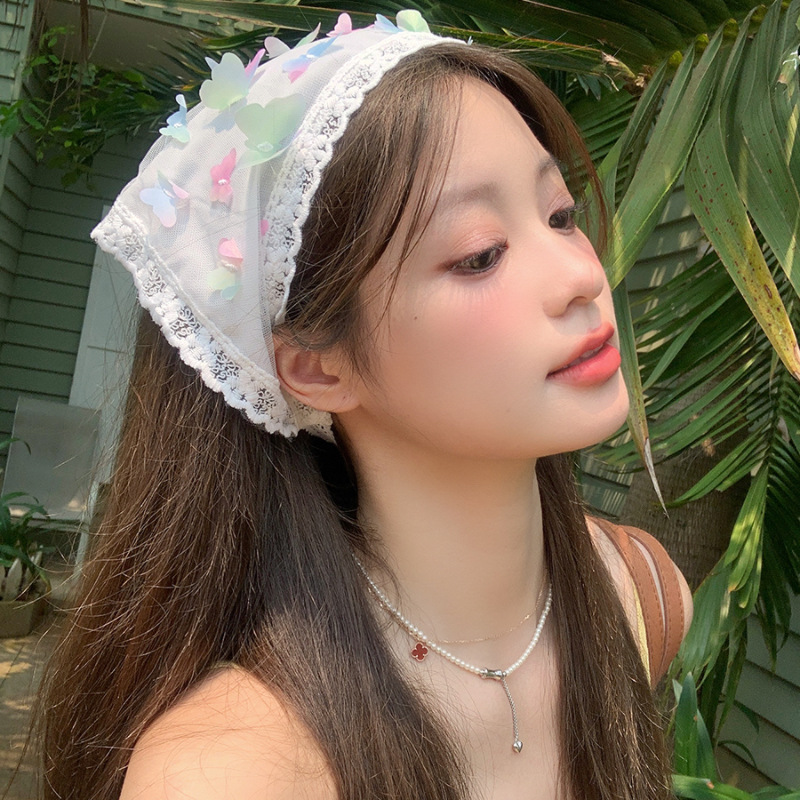 Instagram sweet chiffon, colorful butterfly, triangular headscarf, female seaside vacation, Internet celebrity photo, rural style, tied hair band details Picture