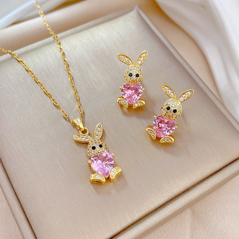 【 Titanium Steel 】 Micro-inlaid necklace and earrings set, light luxury micro-inlaid rabbit, personalized and elegant banquet earrings and necklaces combination Specification drawing
