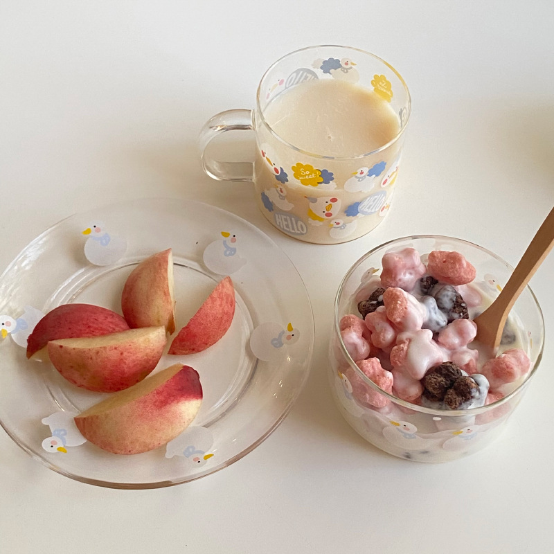 Korean ins Little Duck high borosilicate heat-resistant glass bowl cartoon printed breakfast tableware set can be microwaved full figure
