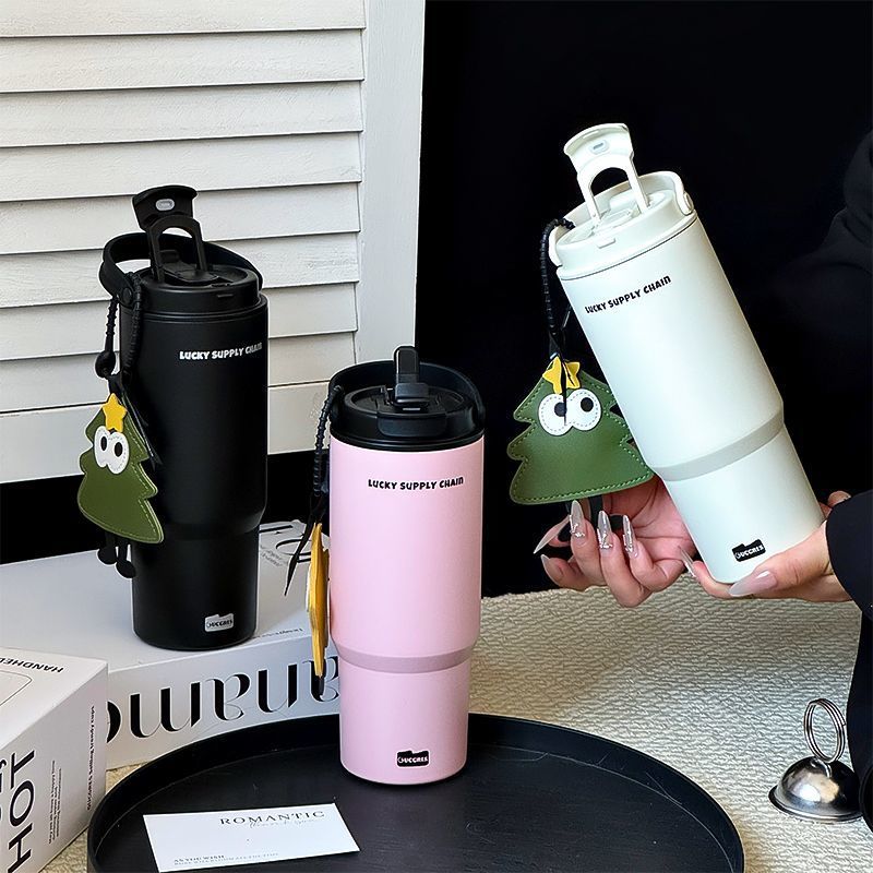 Stainless steel water cup, large-capacity double-drinking ice cup, simple straw cup for girls, high appearance level, ceramic inner liner insulated cup full figure