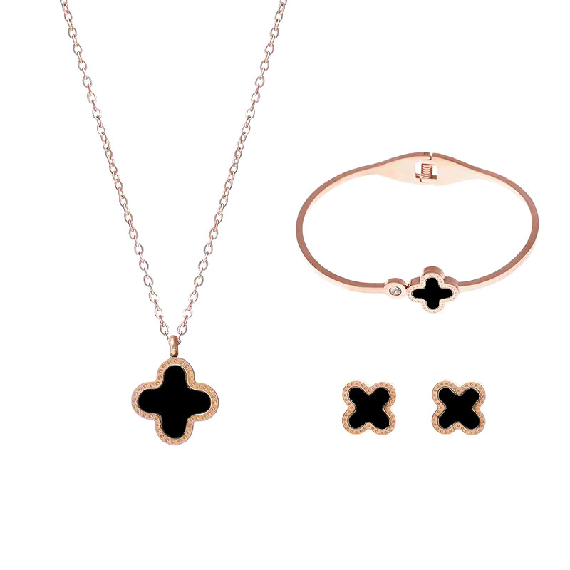 Fashionable and versatile rose gold four-leaf clover necklace, women's stud bracelet, three-piece set of jewelry, titanium steel light luxury accessories Item Picture