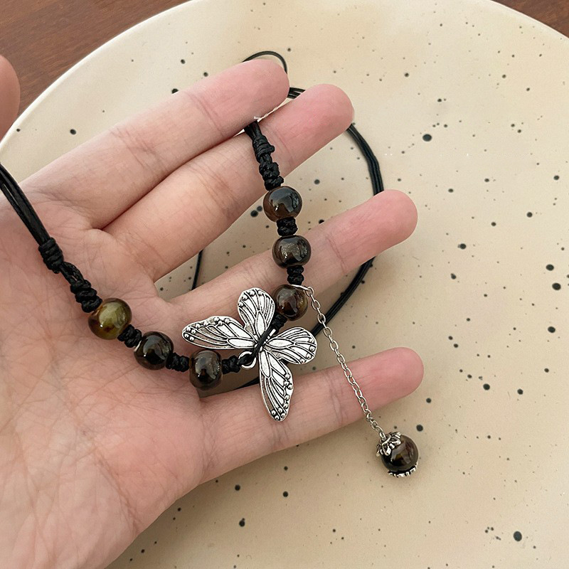 New Chinese-style butterfly necklace, national trend ancient-style collarbone chain, drawstring neck chain, creative ethnic style fashionable beaded collarbone chain details Picture