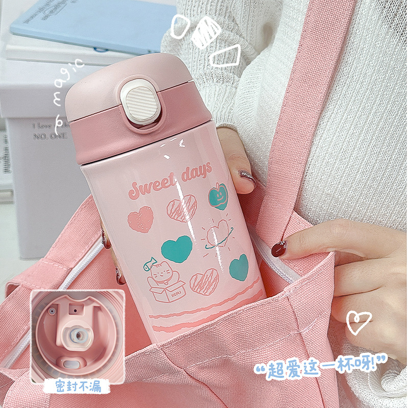 Double-drink insulated student water cup, high appearance level for girls, household women's coffee cup, portable straw, 304 stainless steel cup details Picture