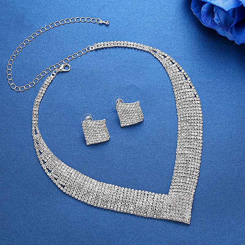 The elegant and shiny V-neck square earrings, earrings and necklace set N5424, a cross-border bestseller of bride accessories from Europe and America details Picture