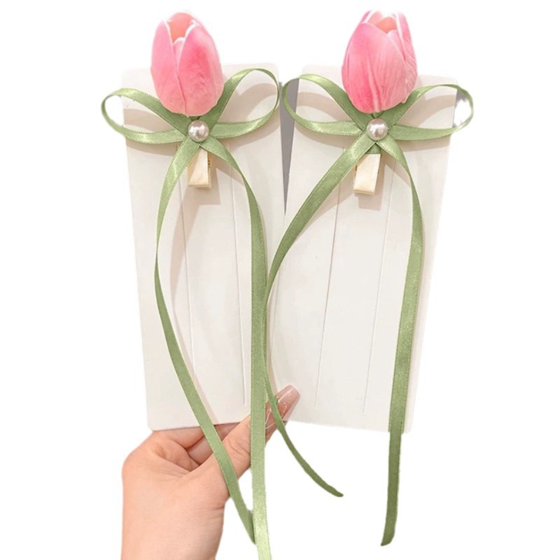 Super fairy tulip flower hair clip, women's side bangs clip, bow ribbon double ponytail hair clip, new hair accessory Item Picture