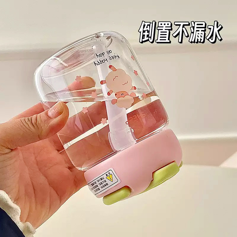 New compact glass cup, cute and portable pocket water cup for girls, direct drinking, high-temperature resistant and leak-proof straw cup gift Specification drawing