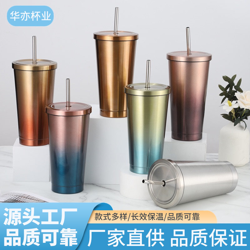 Wholesale of new cross-border 304 stainless steel double-layer straw cups, simple insulated cups, portable outdoor car coffee cups full figure