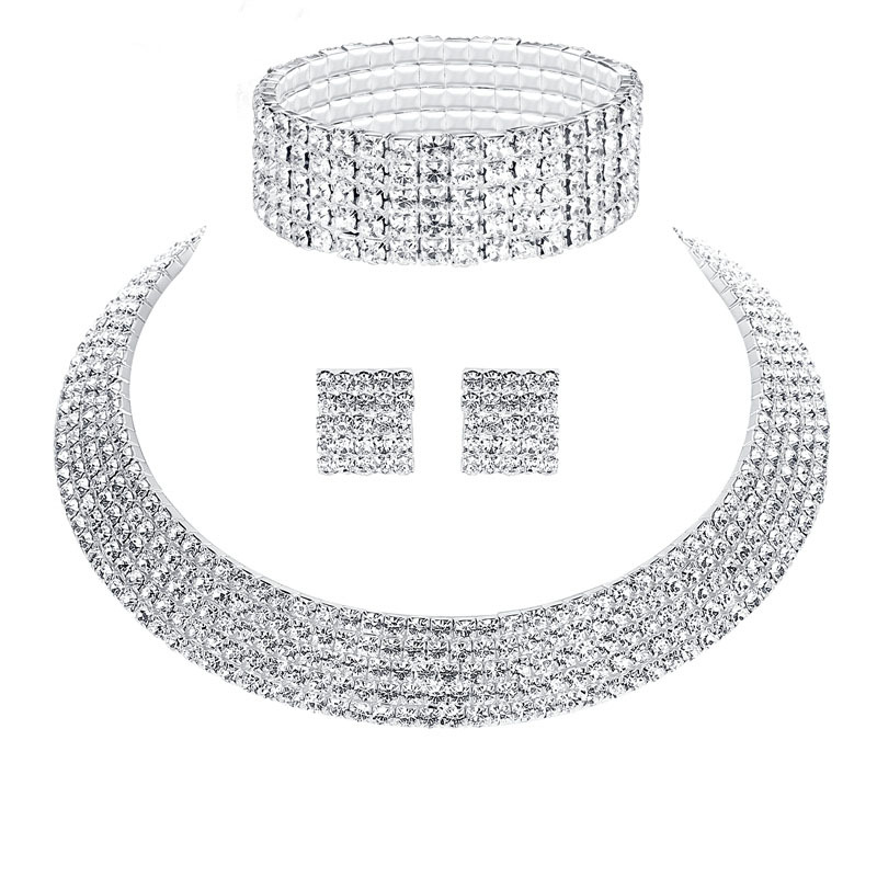 Bestseller European and American fashion claw chain diamond-encrusted bridal set, multi-row diamond ring earrings necklace accessory set N4673 Item Picture