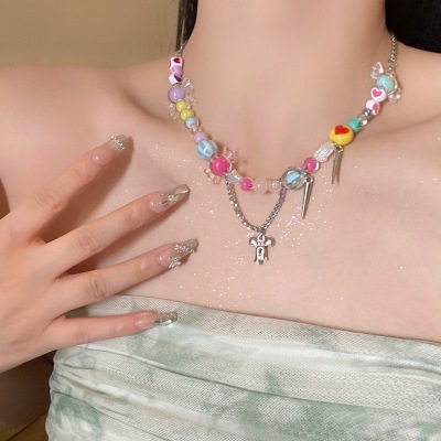 Sweet and cool spicy girl style colorful patchwork necklace for women 2023 new trendy and popular dopamine candy collarbone chain full figure