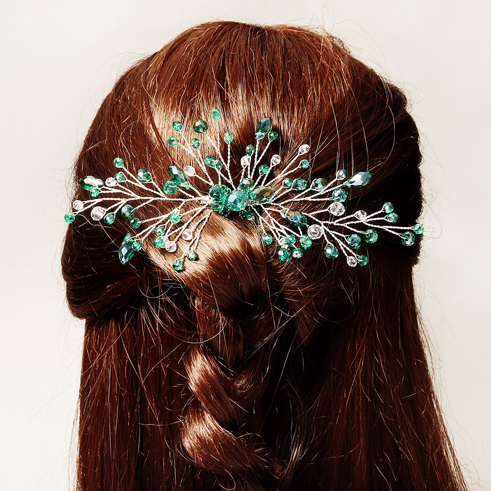 European and American fashionable bride headwear, banquet wedding dress and evening gown accessories, water diamond insert comb, Amazon creative green crystal hair comb details Picture
