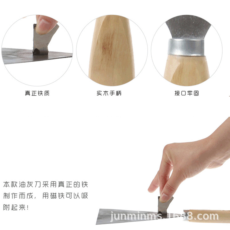 Wholesale round-handled wooden putty knives, cleaning knives, double-clamped mirror-polished shovels, double-color handles, carbon steel and stainless steel shovels details Picture