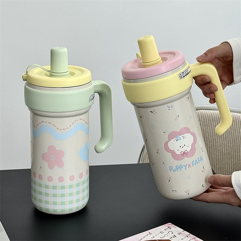 High-appearation-level cartoon straw ice cup, couple student stainless steel insulated cup, large-capacity tea cup, high-appearation-level cup details Picture