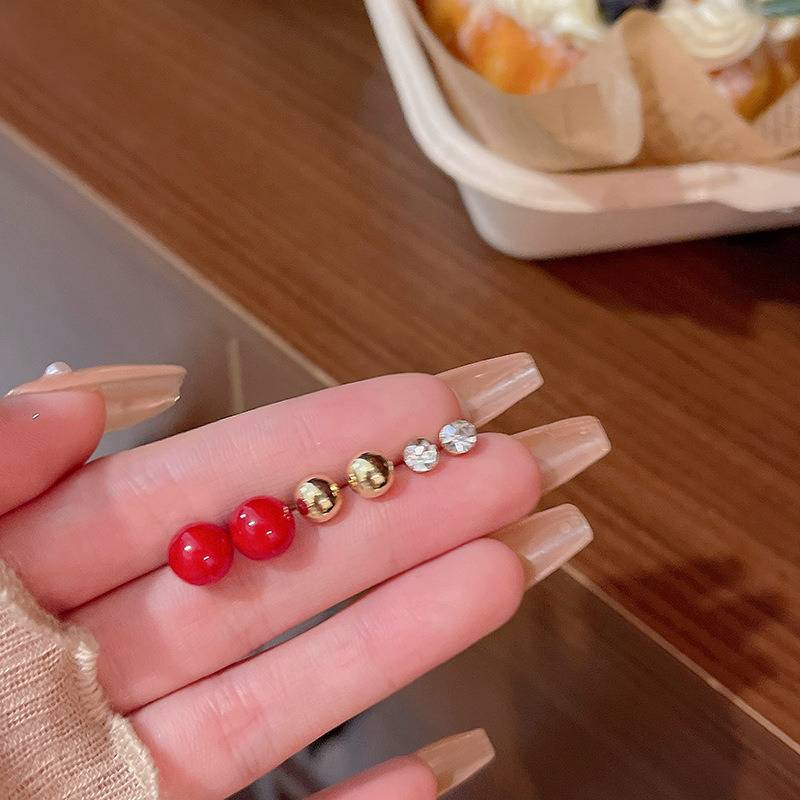 S925 Silver Needle Red Bean Three-piece Set Earrings, simple and niche design, Zircon ear studs for ear piercing, elegant earrings wholesale full figure