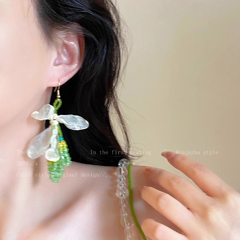 Green island beaded flower earrings for women 2025 New Style bestsellers seaside vacation style earrings, exaggerated accessories earrings Specification drawing