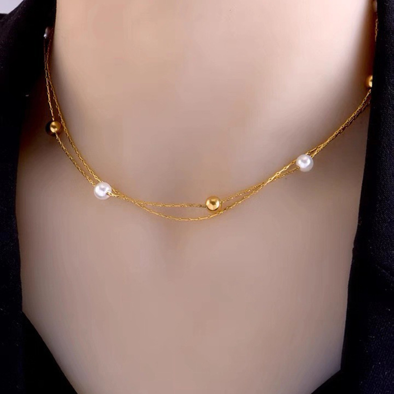 European and American fashion, niche and unique double-layer chain imitation pearl round bead titanium steel stacked accessory collarbone necklace Specification drawing