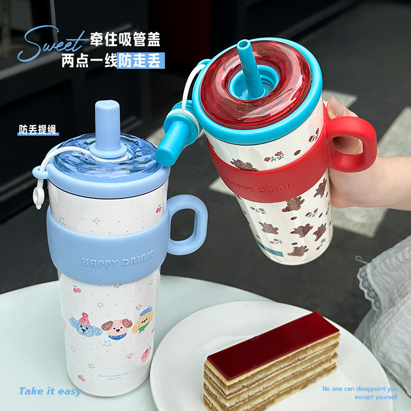 The new cartoon ice cube cup has a high appearance level. It is a 316 stainless steel water cup with a filter for making tea and a portable office straw cup Specification drawing