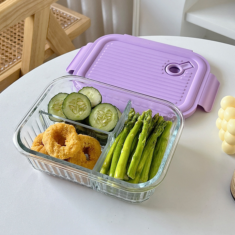 Wholesale of Bolimei purple InS-style high borosilicate glass lunch boxes, microwave oven divider rice lunch boxes, and fresh-keeping bowls Specification drawing