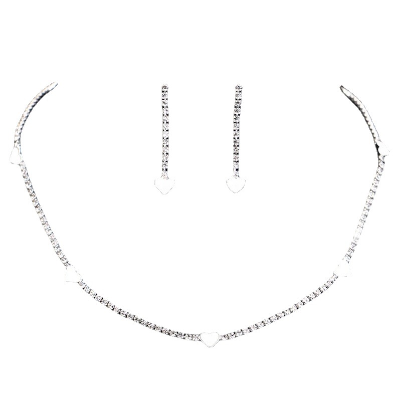 jewelry set: Fashionable alloy, simple heart-shaped rhinestone necklace, earrings, bride's set Item Picture