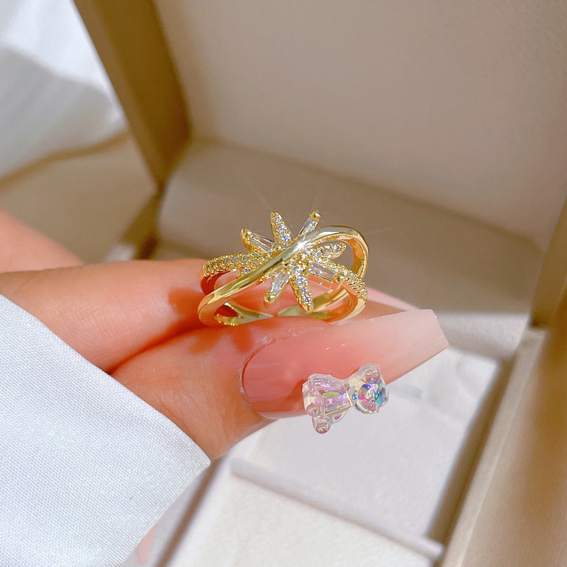 【 Real gold electroplating 】 Open starry light female fashion micro-inlaid light luxury ring index finger ring, the same style as Internet celebrities, cold style Specification drawing