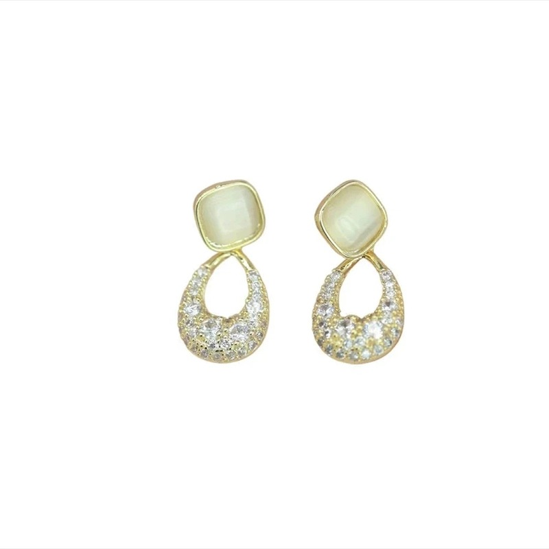 Exquisite full-diamond teardrop earrings, a niche design for women, cat's eye stone ear studs, versatile and elegant, high-end trendy earrings Item Picture