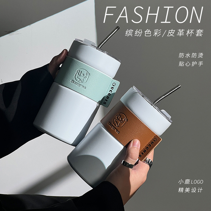 Cross-border large-capacity double-layer stainless steel cup, creative straw insulated cup, student water cup, portable coffee cup with high appearance level details Picture