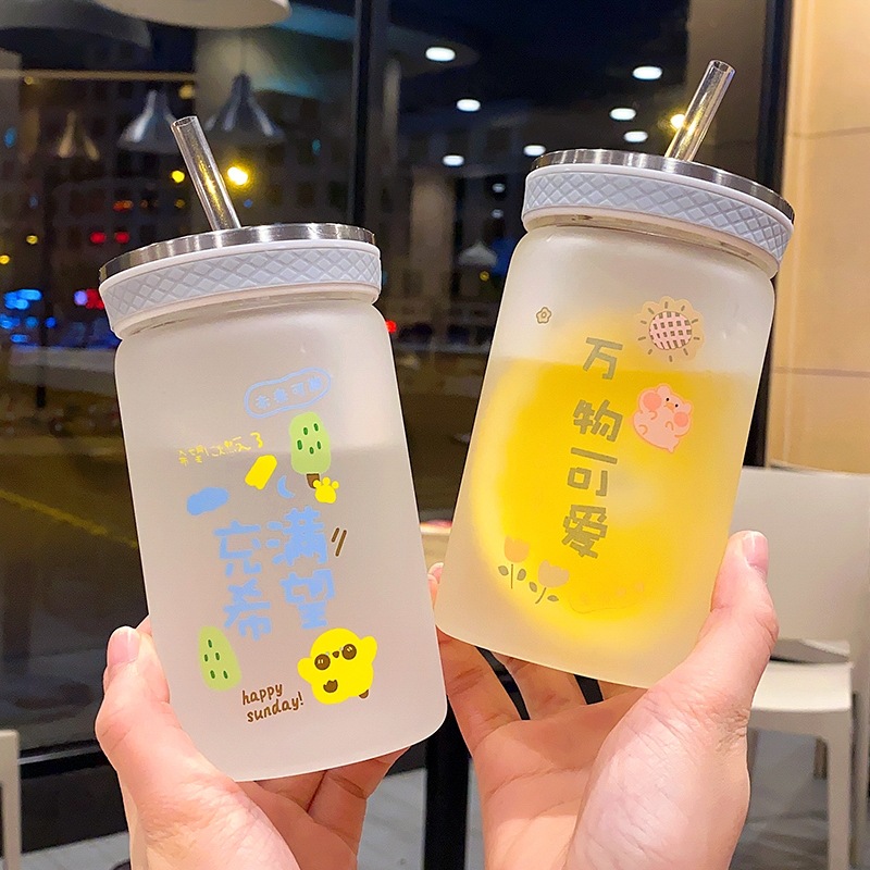 Lucky word water cup for girls, Korean version, small and cute straw cup, student, high appearance level, portable frosted glass cup Application Scenario