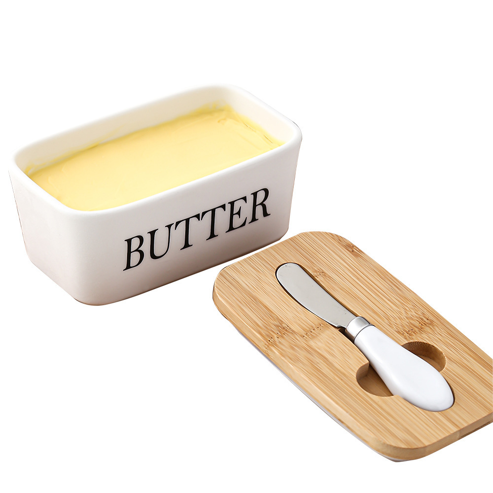 Rectangular ceramic butter box, sealed jar, butter box, bamboo lid with knife, Western-style household cheese box, cross-border Amazon Item Picture