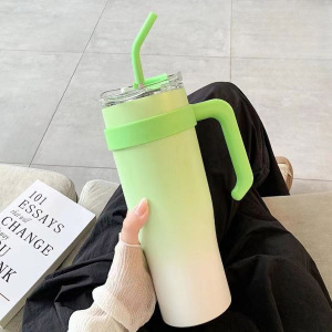 High-appearance-level gradient green insulated cup, 304 stainless steel portable large-capacity straw cup, insulated coffee cup Specification drawing