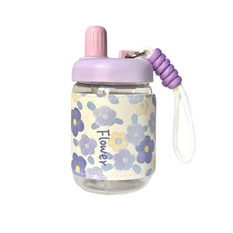 A popular online celebrity girl's glass cup for direct drinking, with a high level of appearance and freshness. It's a portable, heat-insulating leather case water cup gift for female students Item Picture