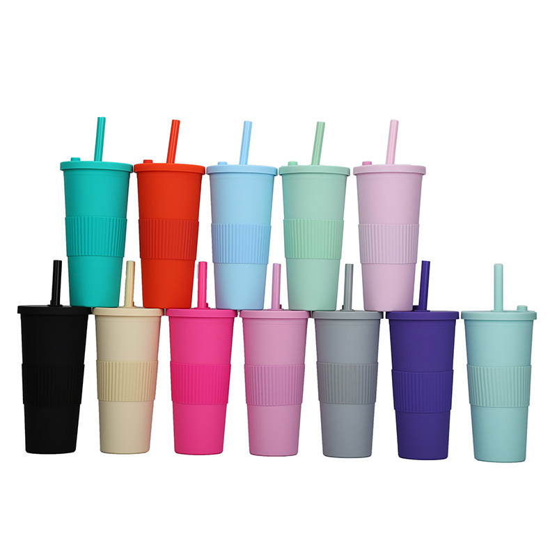 The manufacturer's new cross-border Amazon portable double-layer plastic cup, large-hole universal powder-coated milk tea lid straw cup full figure