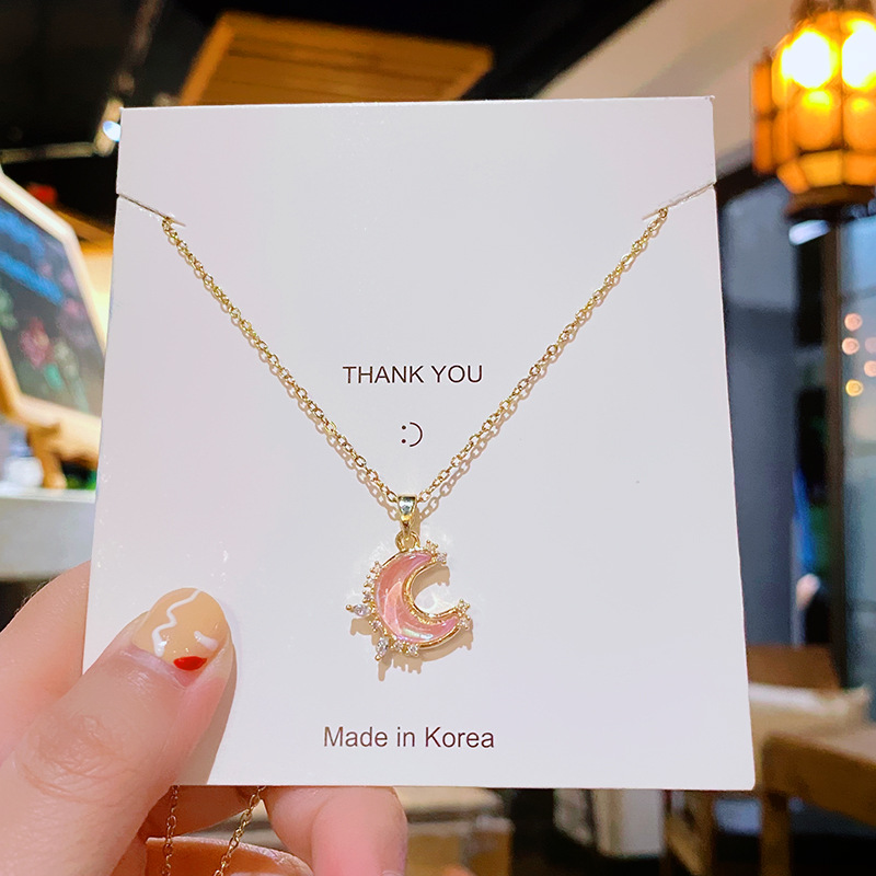 Fashionable and colorful design moon pendant titanium steel necklace for women, summer light luxury Internet celebrity collarbone chain, elegant full diamond accessory details Picture