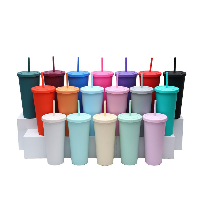 A new modern and simple water cup from cross-border Amazon, a popular matte cartoon portable 24oz double-layer straw cup full figure