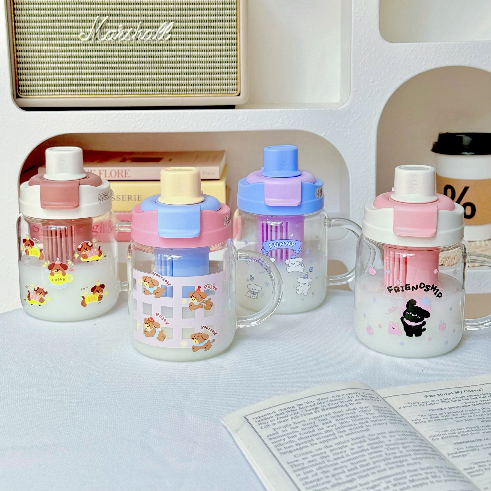 Cartoon and cute double drinking cups with handles, high appearance level glass cups for girls to make tea, with filters, high-temperature resistant cups Specification drawing