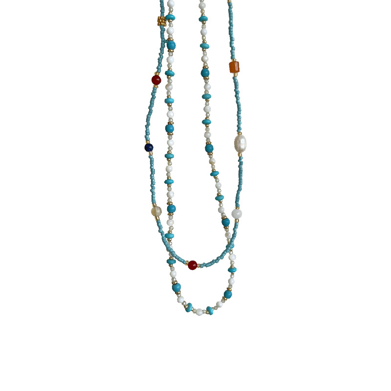 New Chinese-style turquoise pearl necklace for women, summer, fresh, colorful, fashionable and light luxury dopamine beaded collarbone chain Item Picture