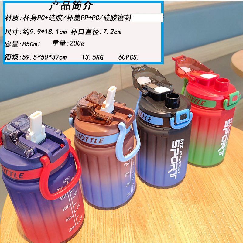 Wholesale summer high appearance level outdoor sports water bottles, frosted gradient color portable double-drinking cups, handle plastic water cups full figure