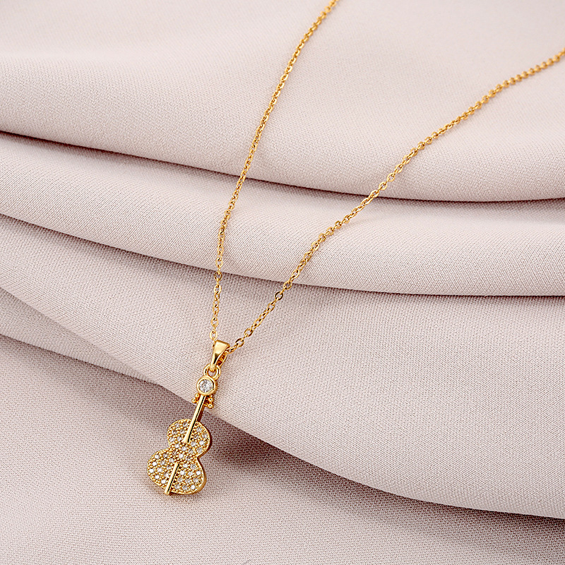 New fashionable violin titanium steel necklace, women's unique design sense, diamond-encrusted pendant, internet-famous light luxury niche collarbone chain details Picture