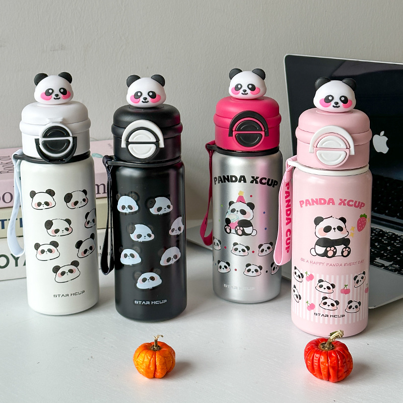 Cute panda insulated cup, high appearance level, double-drinking straw cup for students to go to school, portable outdoor stainless steel water cup, as a gift details Picture