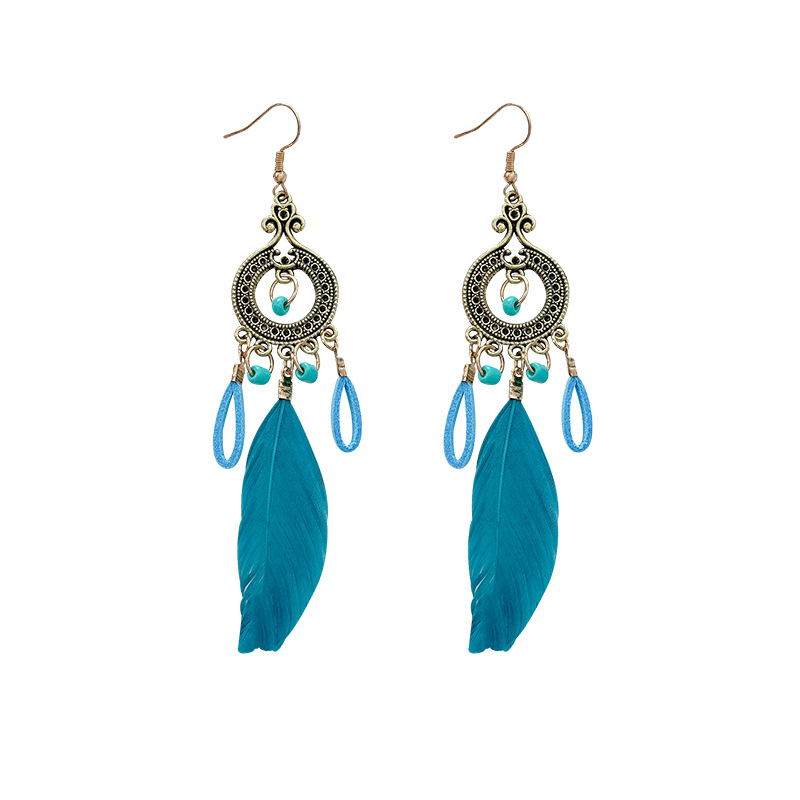 Bohemian ethnic style retro feather ear hook women's high-end and elegant long earrings, wholesale of popular earrings Item Picture