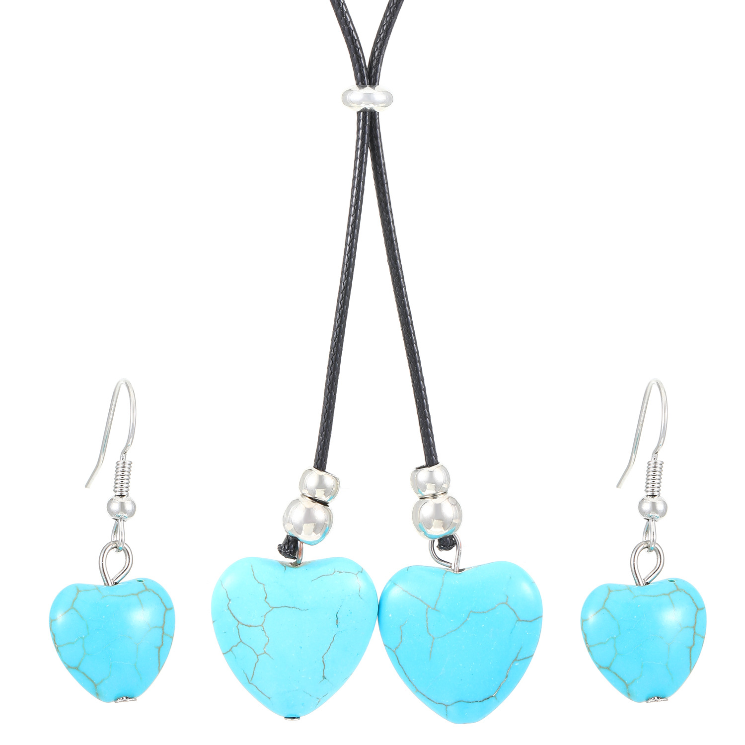 European and American cross-border personalized, fashionable, retro turquoise earrings, necklace set, ethnic-style round heart-shaped jewelry for women Item Picture