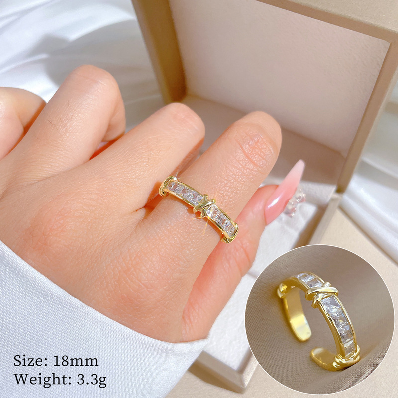 【 Real Gold 】 Cross-shaped full zirconium wedding ring, adjustable ring opening, simple jewelry, Japanese-style ring couple rings full figure
