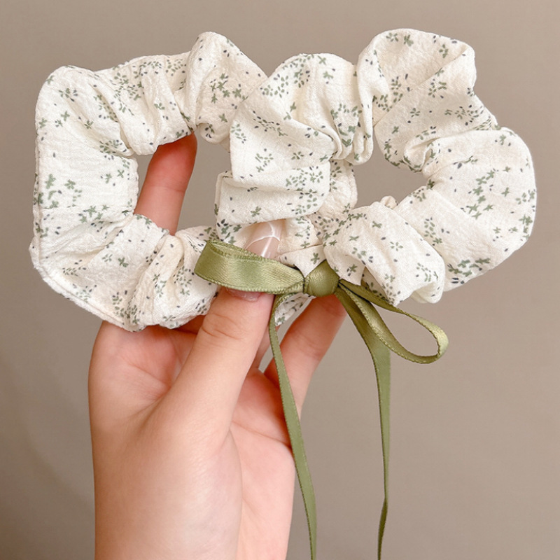 New spring and summer red bean paste green fresh floral large intestine hair band, pure cotton bow webbing teenage hair rope headwear for girls Specification drawing