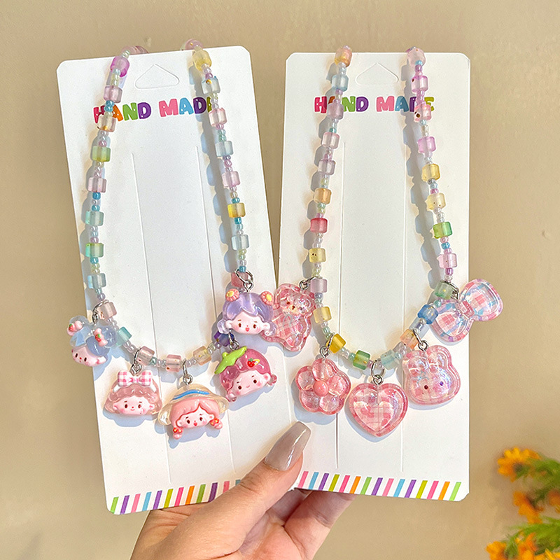 Cartoon cute children's necklace set, sweet pearl ear clips, beaded pendants, baby girl accessories Specification drawing