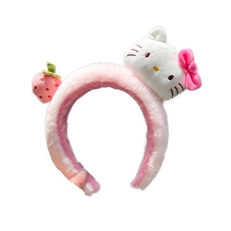 Cute strawberry kitty~ Plush hairband, high appearance level, girlish heart KT cat headband, face wash makeup hairpin, hair accessory Item Picture