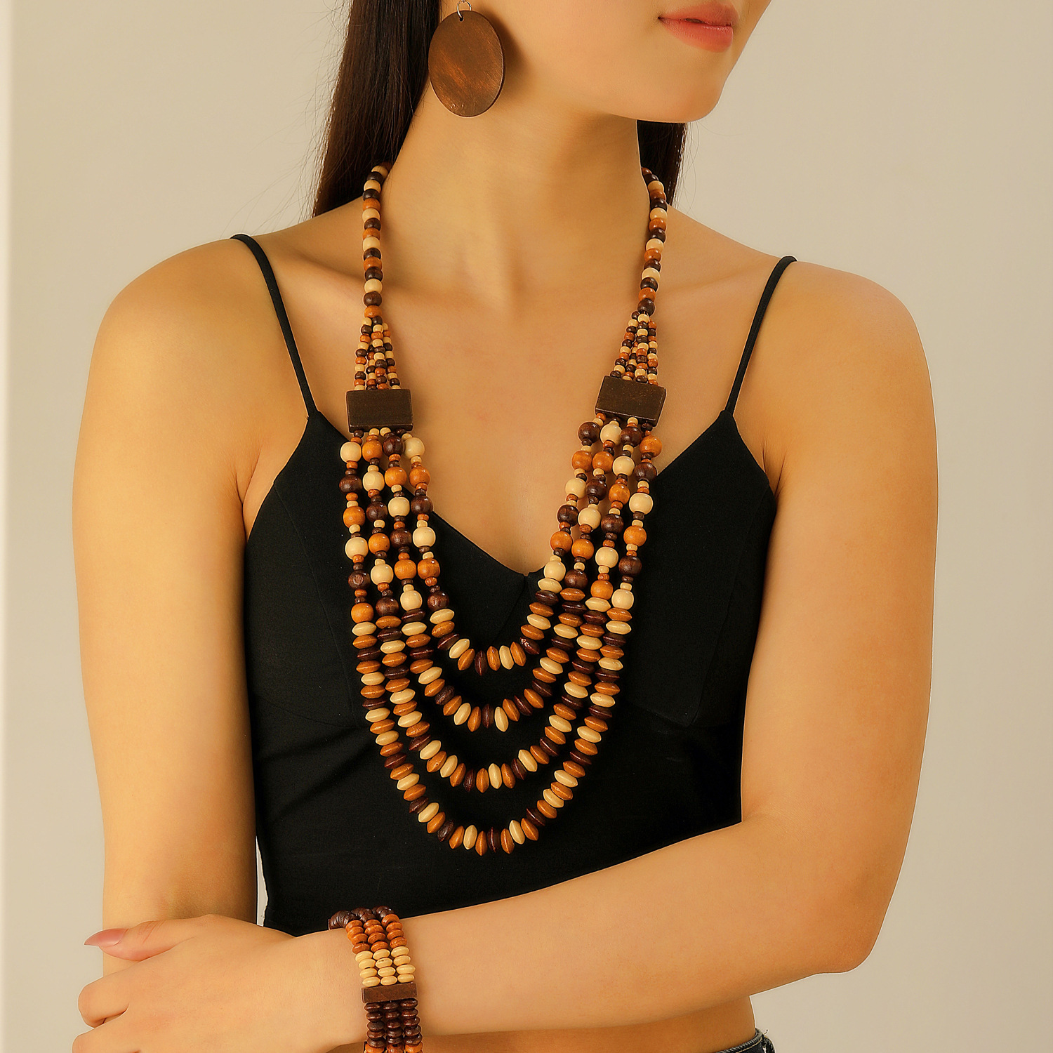 Cross-border retro ethnic style wooden bead multi-layer beaded bracelet, earrings, necklace set, Bohemian long sweater chain details Picture
