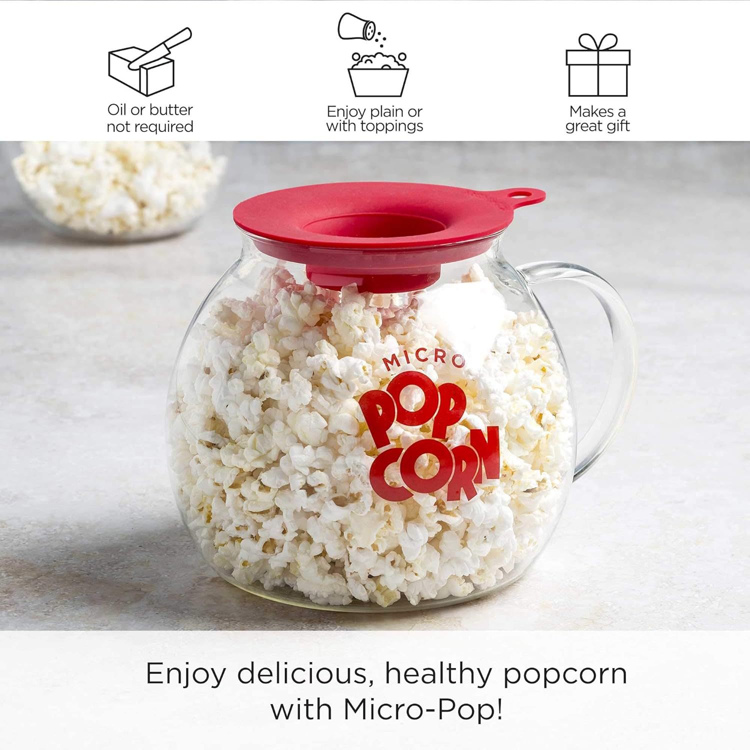 Household microwave Micro-Pop popcorn pot 1.5-liter, borosilicate glass with silicone lid, free of bisphenol A full figure